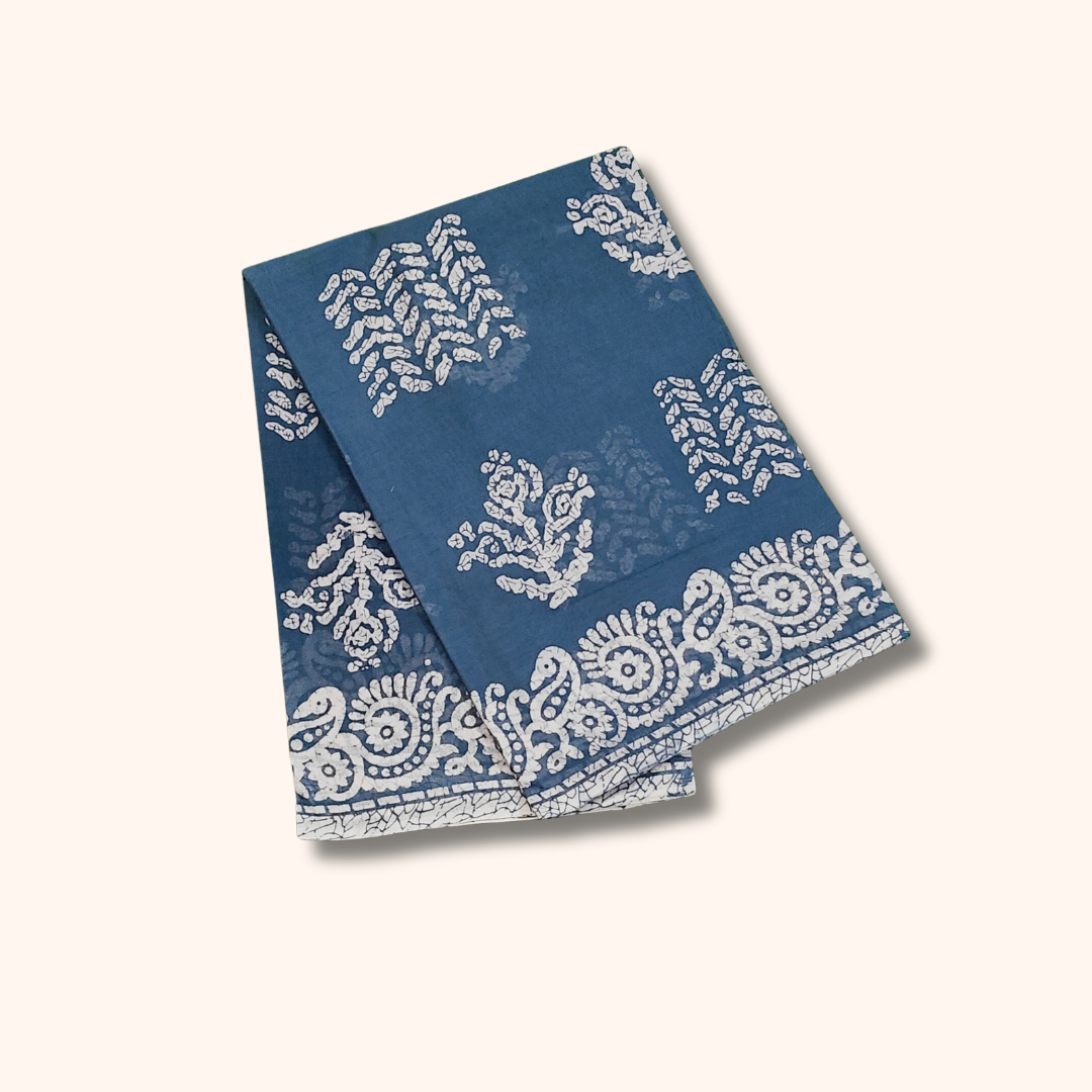Blue Cotton Saree with White Floral Motifs & Printed Border – Separate Blouse