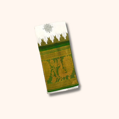 White & Green Peacock Floral Border Kolam Sungudi Cotton Saree