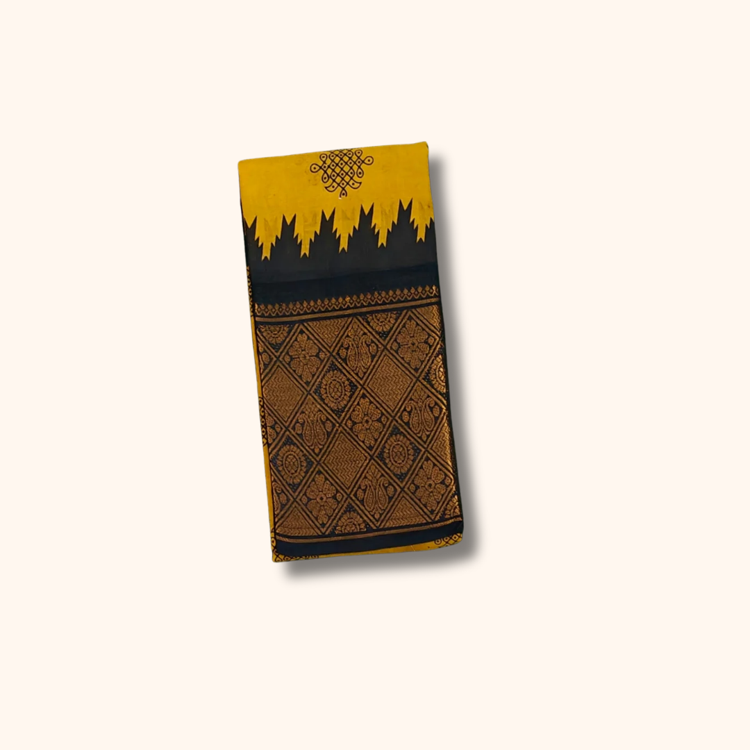 Mustard Yellow Kolam Cotton Saree with Black Rich Pallu