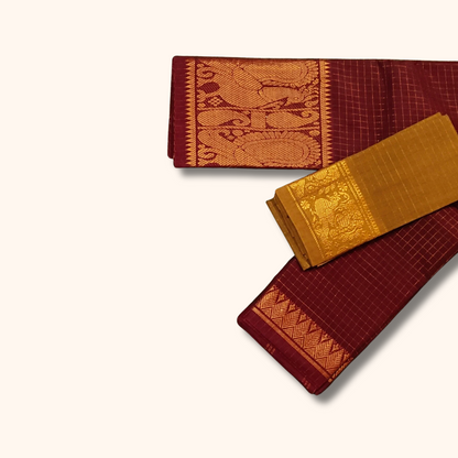 Maroon Sungudi Cotton Saree with Gold Zari Peacock Border & Mustard Separate Blouse