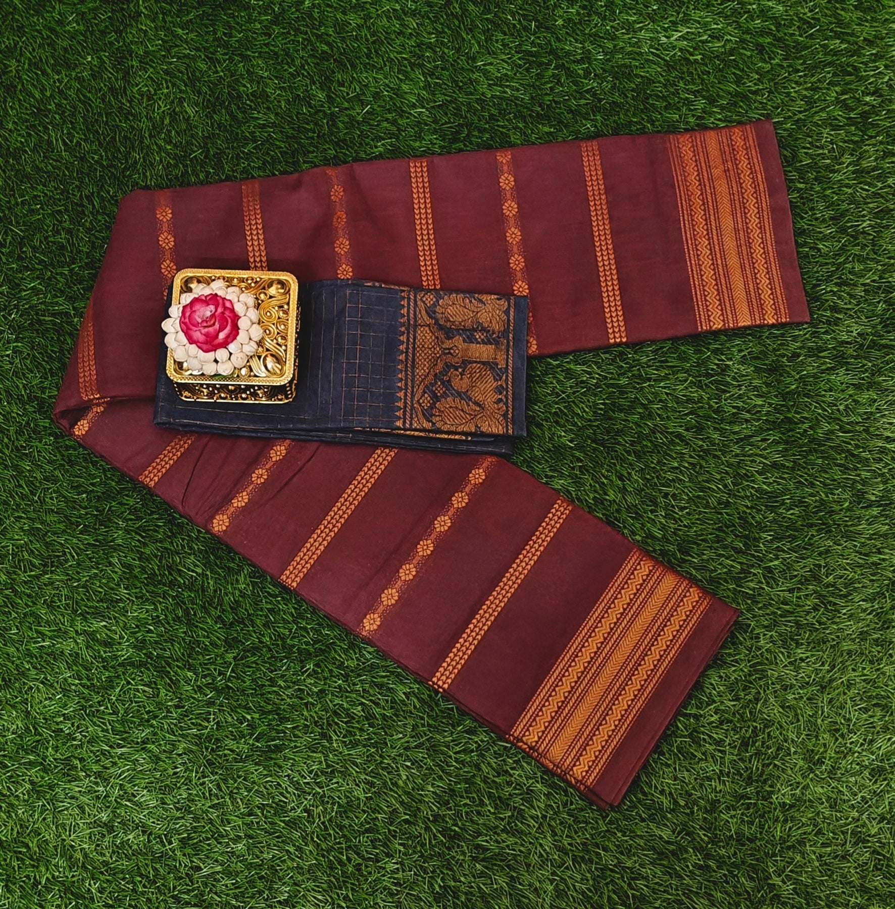 Beautiful Maroon Sungudi Cotton Saree with Contrast Blouse