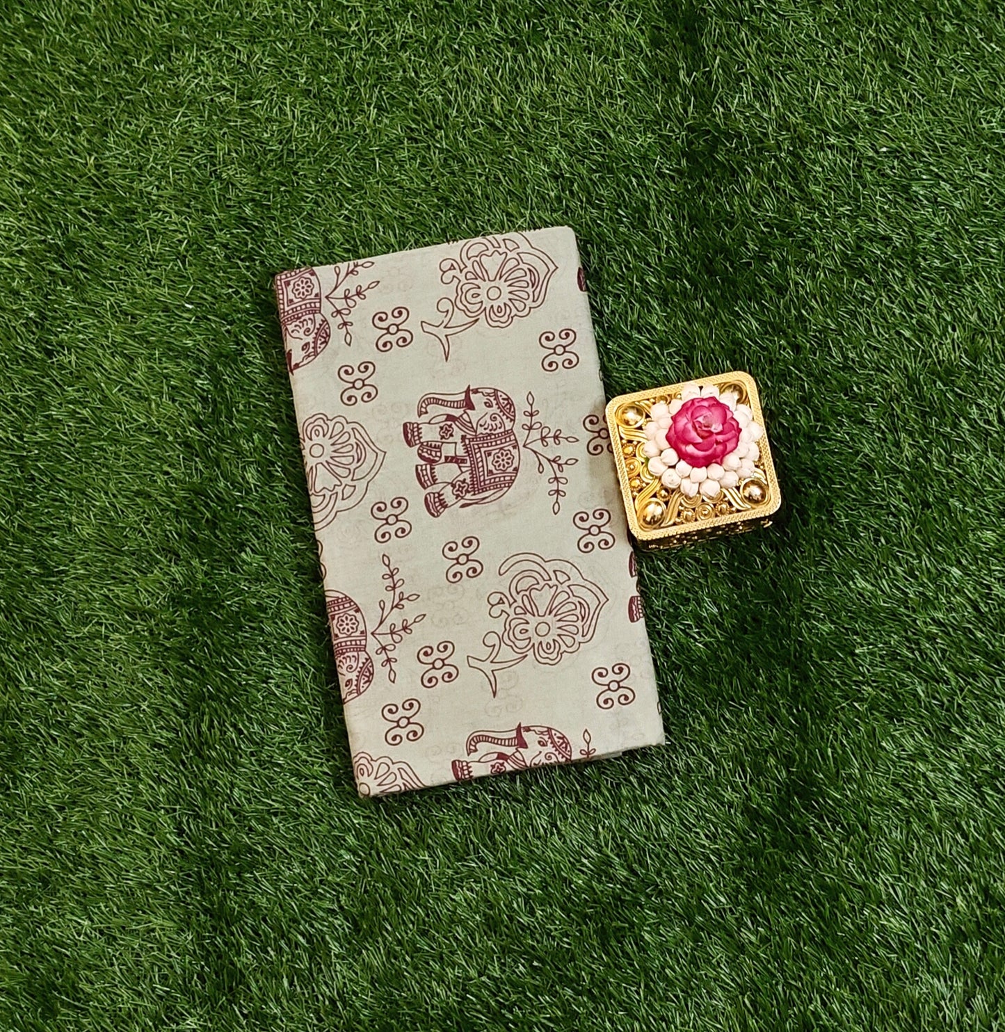 Sage Green Cotton Saree with Maroon Elephant & Floral Prints