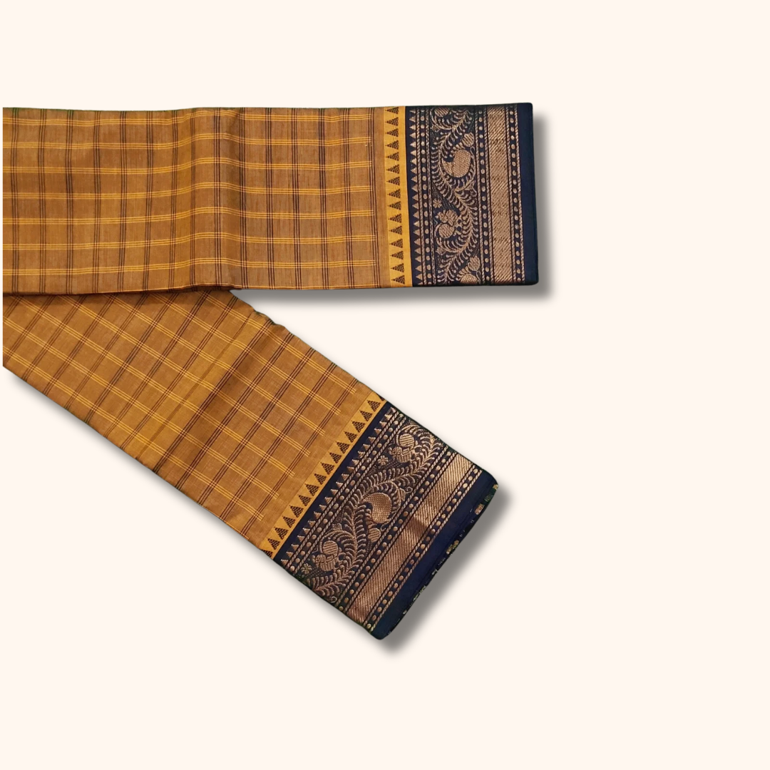 Mustard Brown Chettinad Cotton Saree with Traditional Temple Border