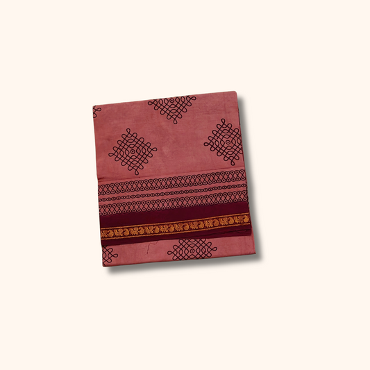 Dusty Rose Pink Sungudi Cotton Saree with Maroon Border & Gold Zari