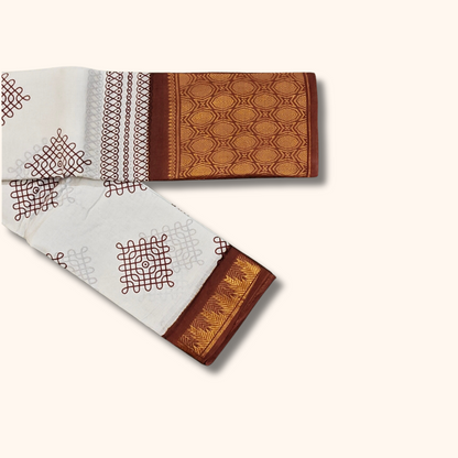 Off White Kolam Print Cotton Saree with Brown Zari Border