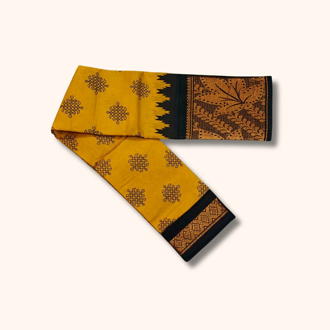 Mustard Yellow Kolam Cotton Saree with Black Rich Floral Pallu