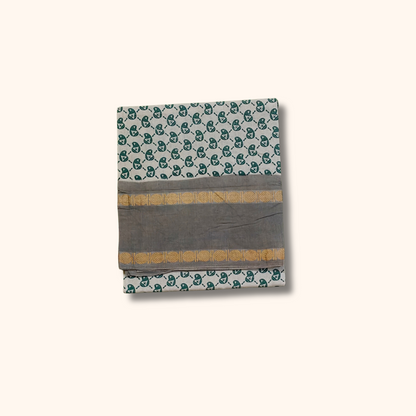 Grey & Off-White Printed Cotton Saree with Gold Zari Single Border