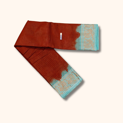 Rust Brown Thread Work Sungudi Cotton Saree with Aqua Blue Border