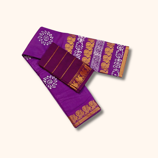 Purple Sungudi Cotton Saree with White Bandhani Design & Gold Zari Border 120s Count