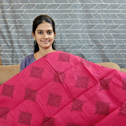 Red Kolam Cotton Saree with Black & Gold Zari Border – Running Blouse