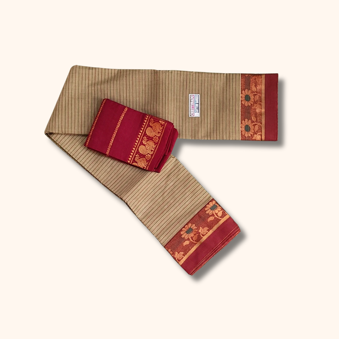 Beige Striped Chettinad Cotton Saree with Maroon Floral Border