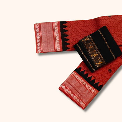 Tomato Red Sungudi Cotton Saree with Silver Zari Temple Border & Coffee Brown Blouse