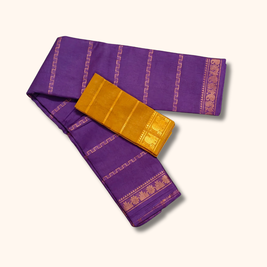 Royal Purple Sungudi Cotton Saree with Gold Woven Stripes & Contrast Mustard Blouse Piece