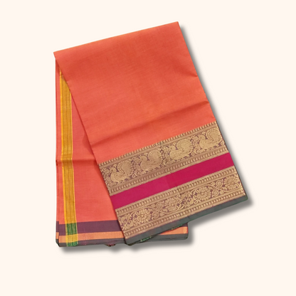 Peach Orange Chettinad Cotton Saree with Traditional Zari Border