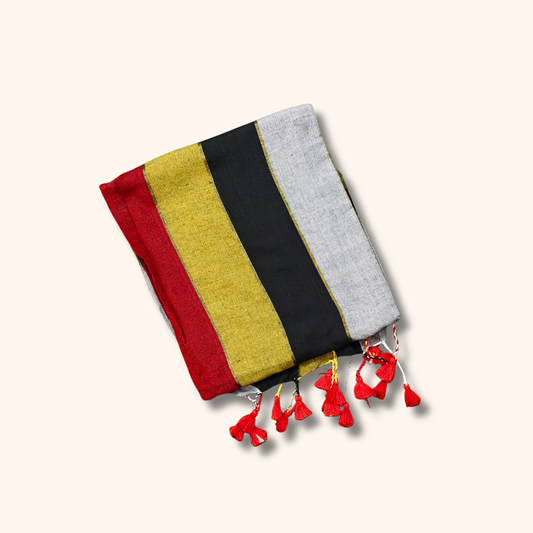 Mulmul Cotton Saree in Red, Mustard, Black & Ash Grey Stripes with Tassel Pallu