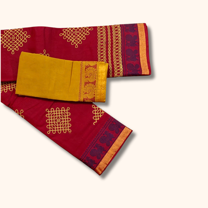 Maroon Kolam Design Cotton Saree with Mustard Yellow Blouse Piece