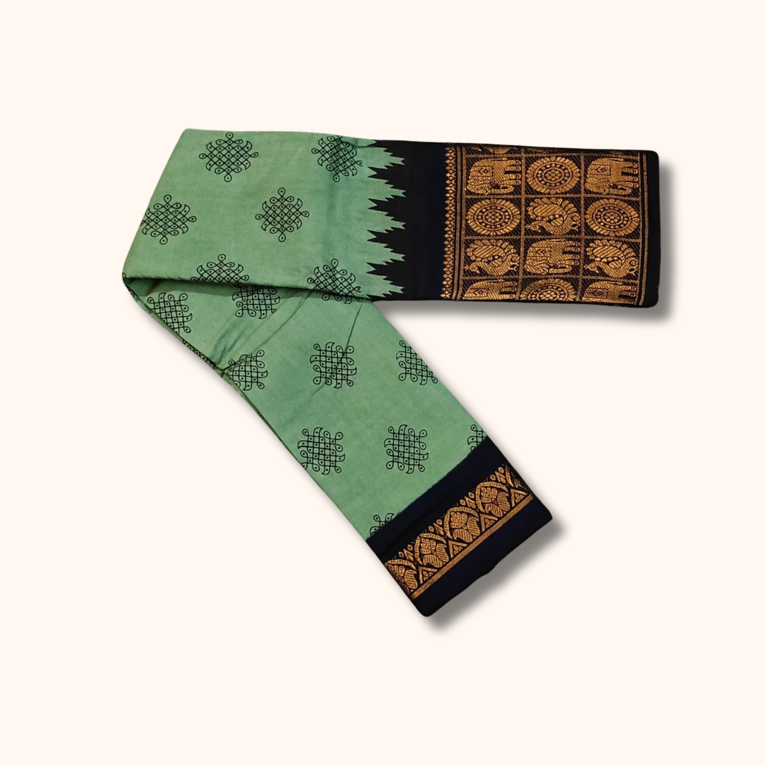 Mint Green Kolam Sungudi Cotton Saree with Black Elephant Heritage Border