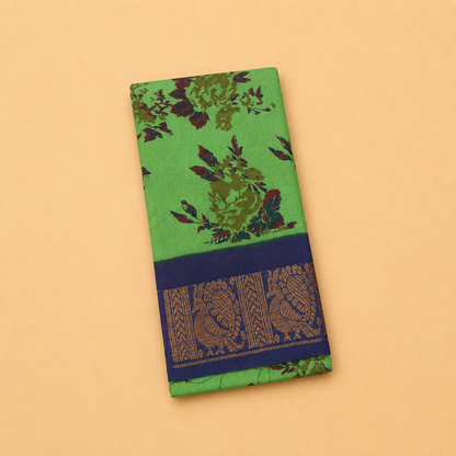 Parrot Green Floral Printed Saree with Navy Blue Peacock Border
