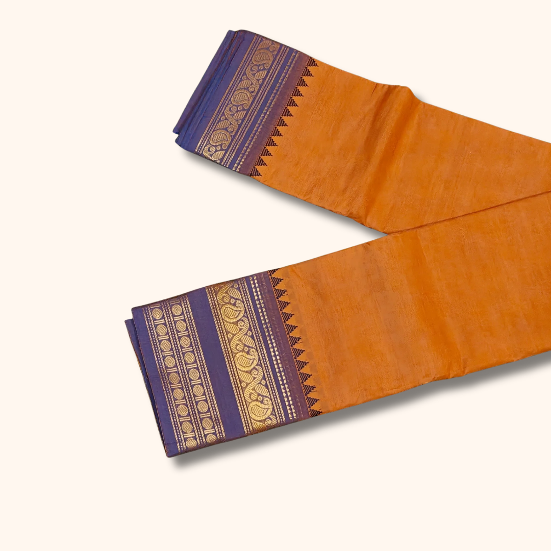 Orange Chettinad Cotton Saree with Purple Temple Border