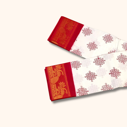 Off White Sungudi Cotton Saree with Red Temple Border