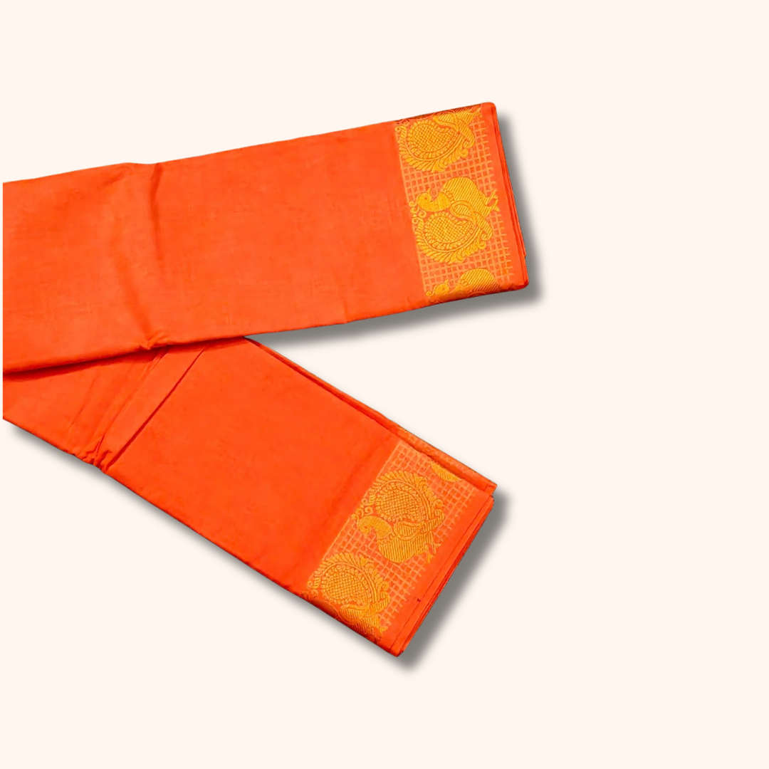 Orange Pure Cotton Saree with Traditional Paisley Border - Running Blouse