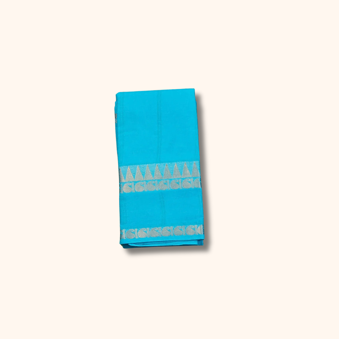 Turquoise Blue Pure Cotton Saree with Silver Zari Border – Running Blouse