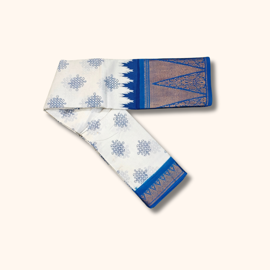 White Kolam Print Cotton Saree with Royal Blue Temple Border