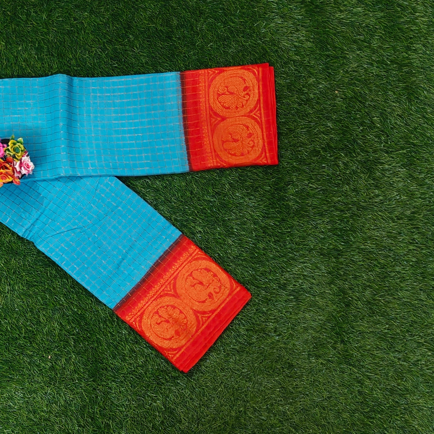 Authentic Sky Blue Checked Cotton Saree with Contrast Zari Border