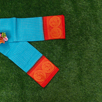 Authentic Sky Blue Checked Cotton Saree with Contrast Zari Border