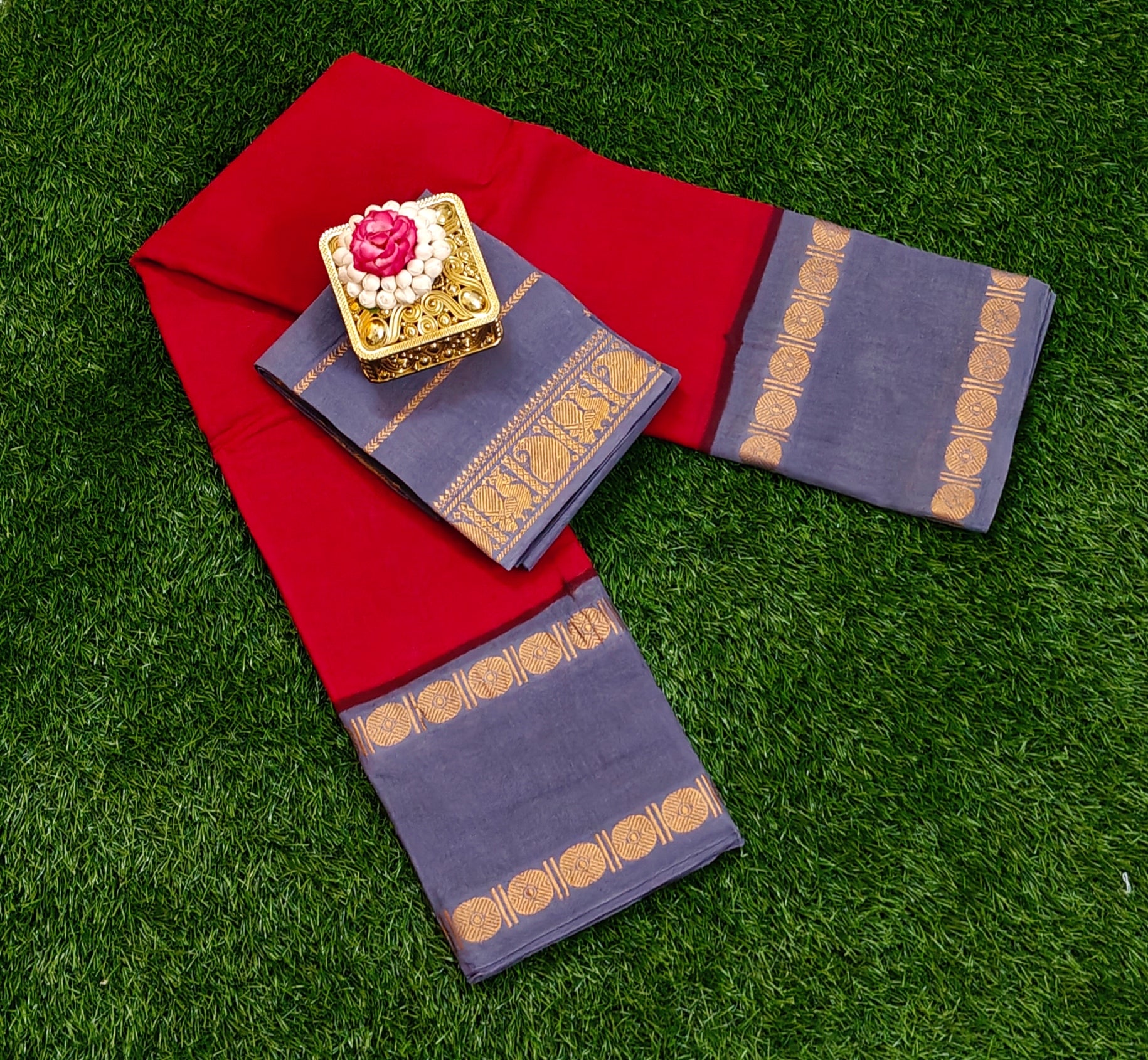 Authentic Pure Cotton Sungudi Saree Grey with Maroon Border