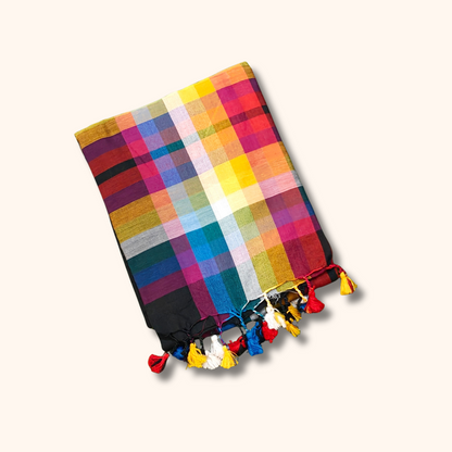 Multicolor Checks Mulmul Cotton Saree with Running Blouse & Tassels