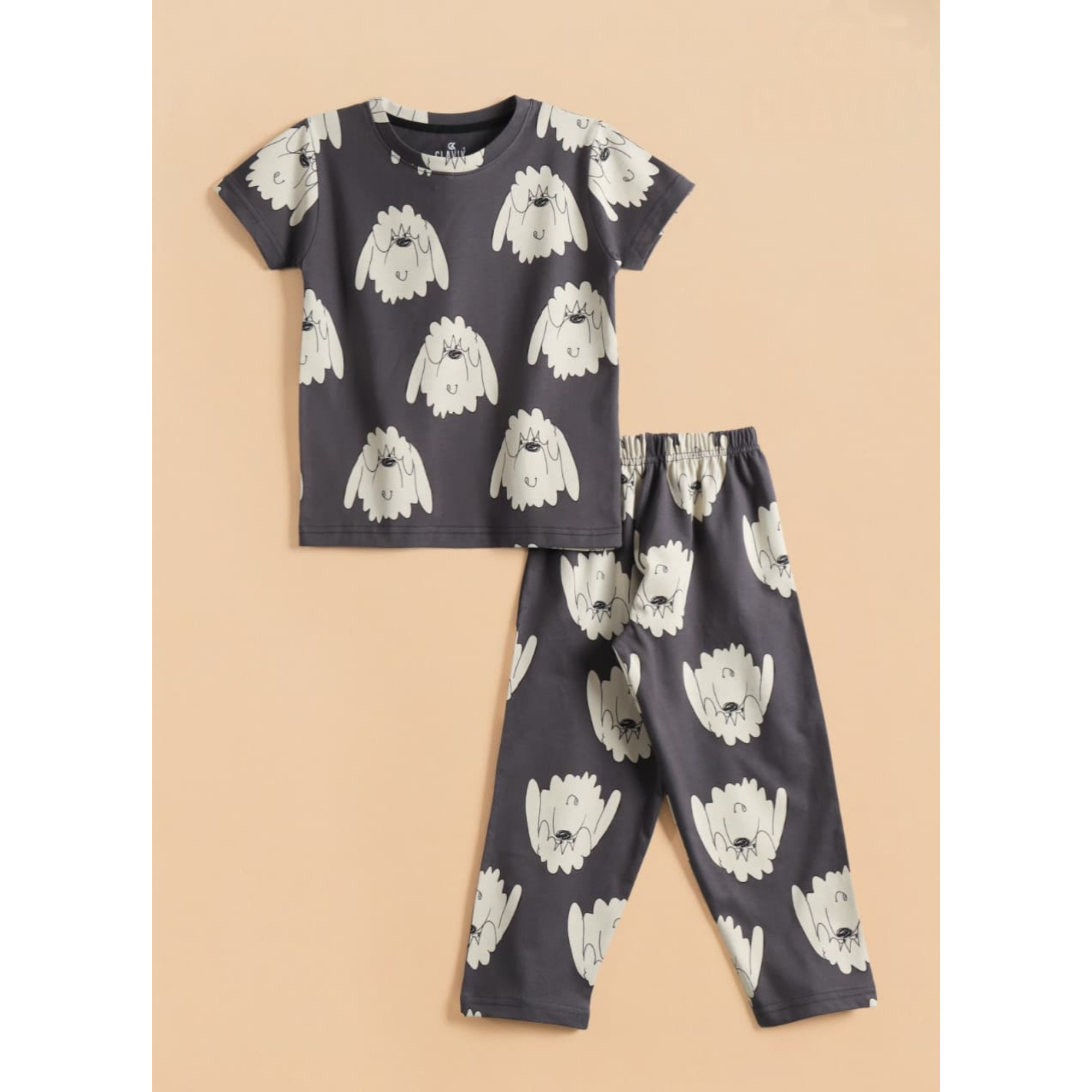 Kids Unisex Pure Cotton T-Shirt & Pant Set – Cute Puppy Print Comfort Wear (Charcoal Grey)