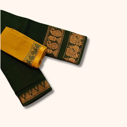 Dark Green Cotton Saree with Gold Zari Peacock Border & Mustard Yellow Separate Blouse Piece