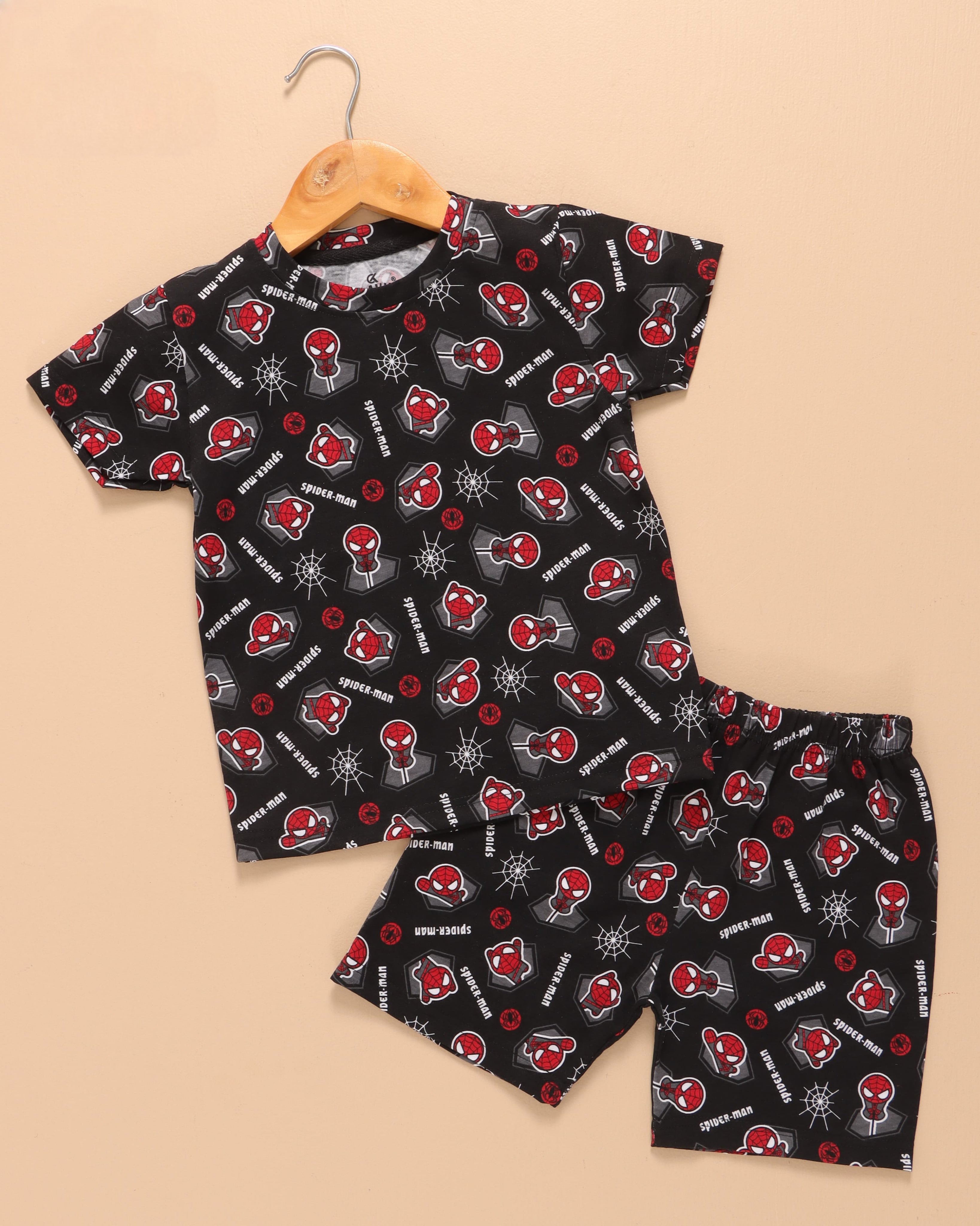 Kids Unisex Pure Cotton T-Shirt & Shorts Set – Superhero Print Comfort Wear (Black)