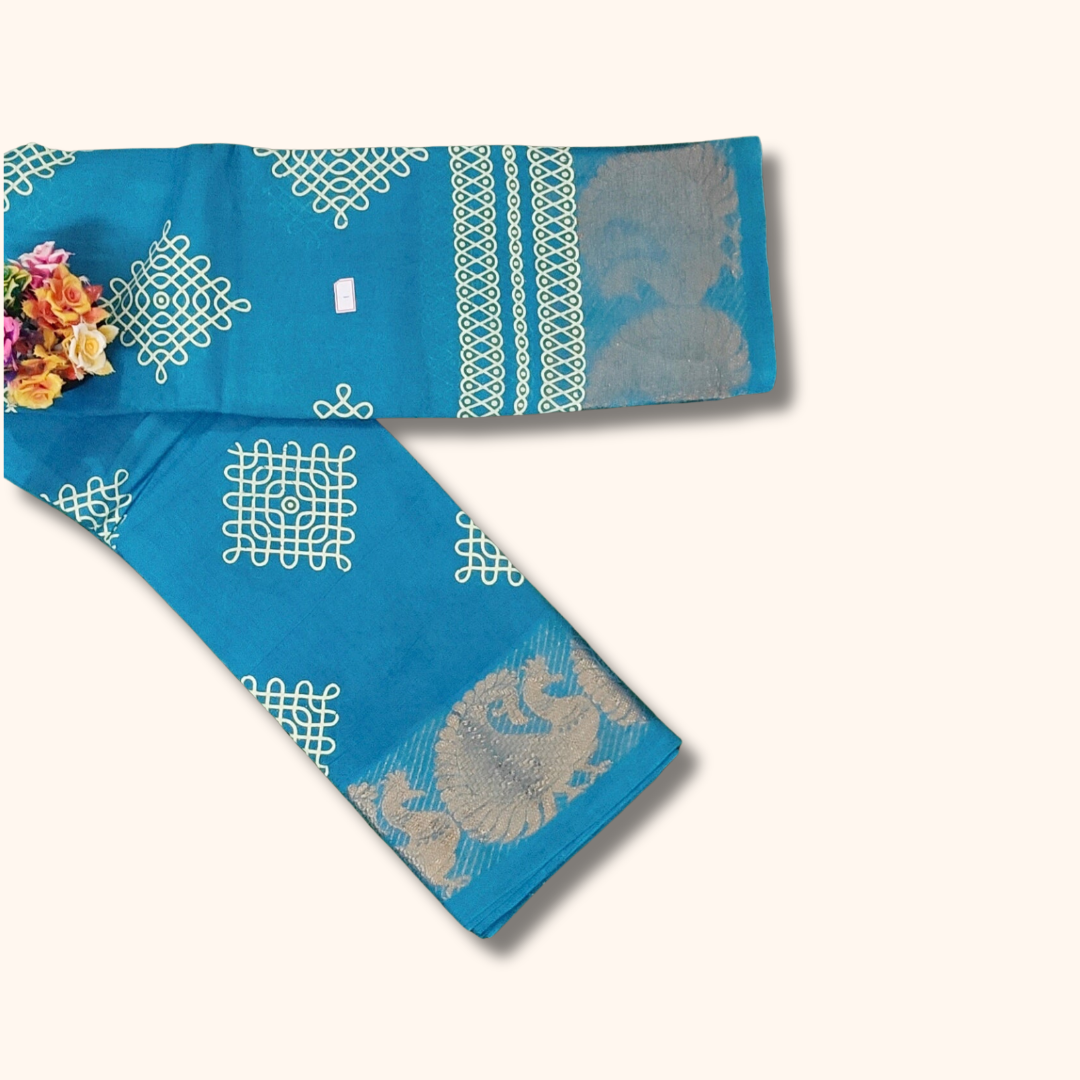 Beautiful Teal Blue Kolam Sungudi Cotton Saree with Peacock Zari Border