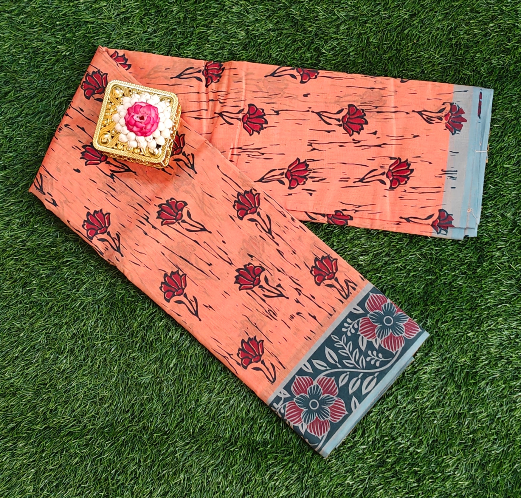 Rust Orange Shade South Indian Pure Cotton Floral Printed Saree