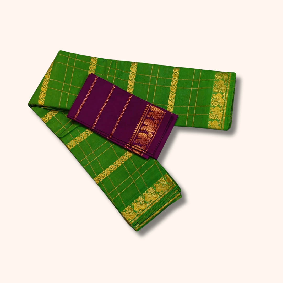 Green Cotton Saree with Gold Zari Checks & Peacock Border – Purple Blouse Piece