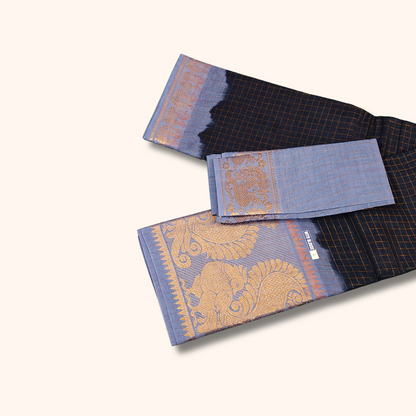 Navy Blue Checked Sungudi Cotton Saree with Peacock Zari Border