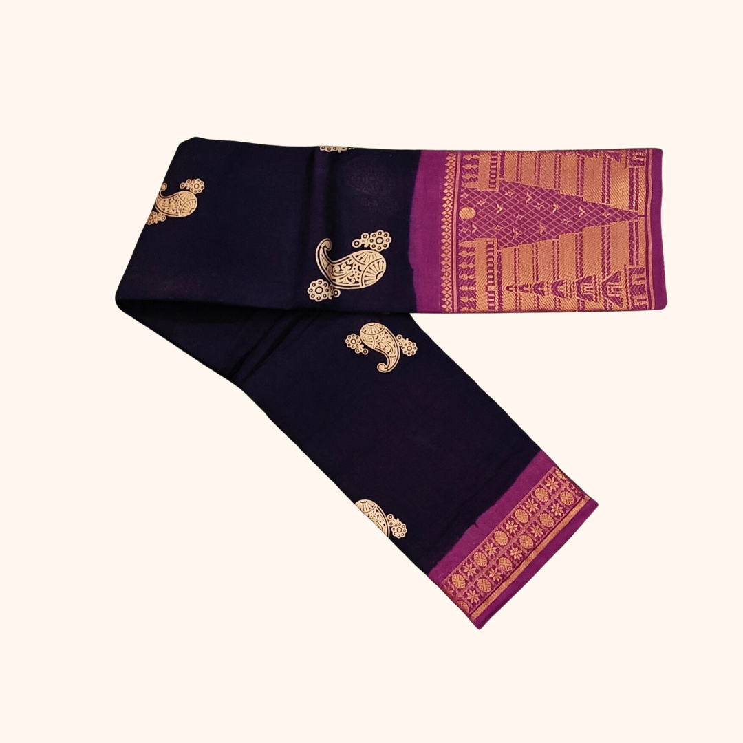 Navy Blue Paisley Sungudi Cotton Saree with Magenta Temple Border