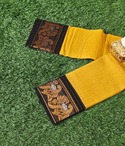 Mustard Yellow Sungudi Cotton Saree with Gold Zari Checks & Black Zari Border