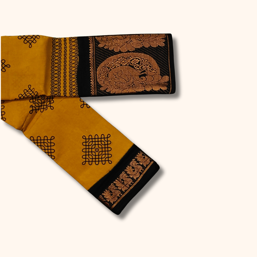 Mustard Kolam Print Cotton Saree with Black Peacock Border