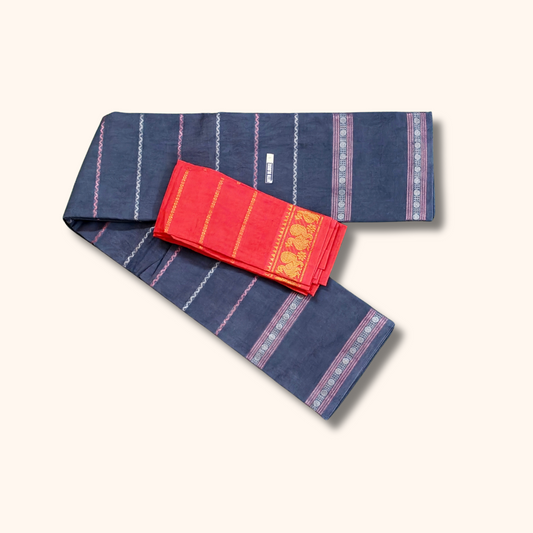 Navy Blue Sungudi Cotton Saree with Red Blouse – Separate Blouse Piece