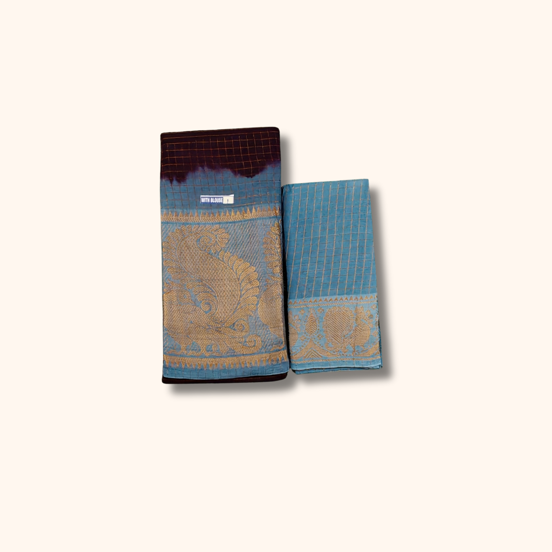 Dark Brown & Sky Blue Sungudi Cotton Saree with Peacock Pallu – Separate Blouse Piece