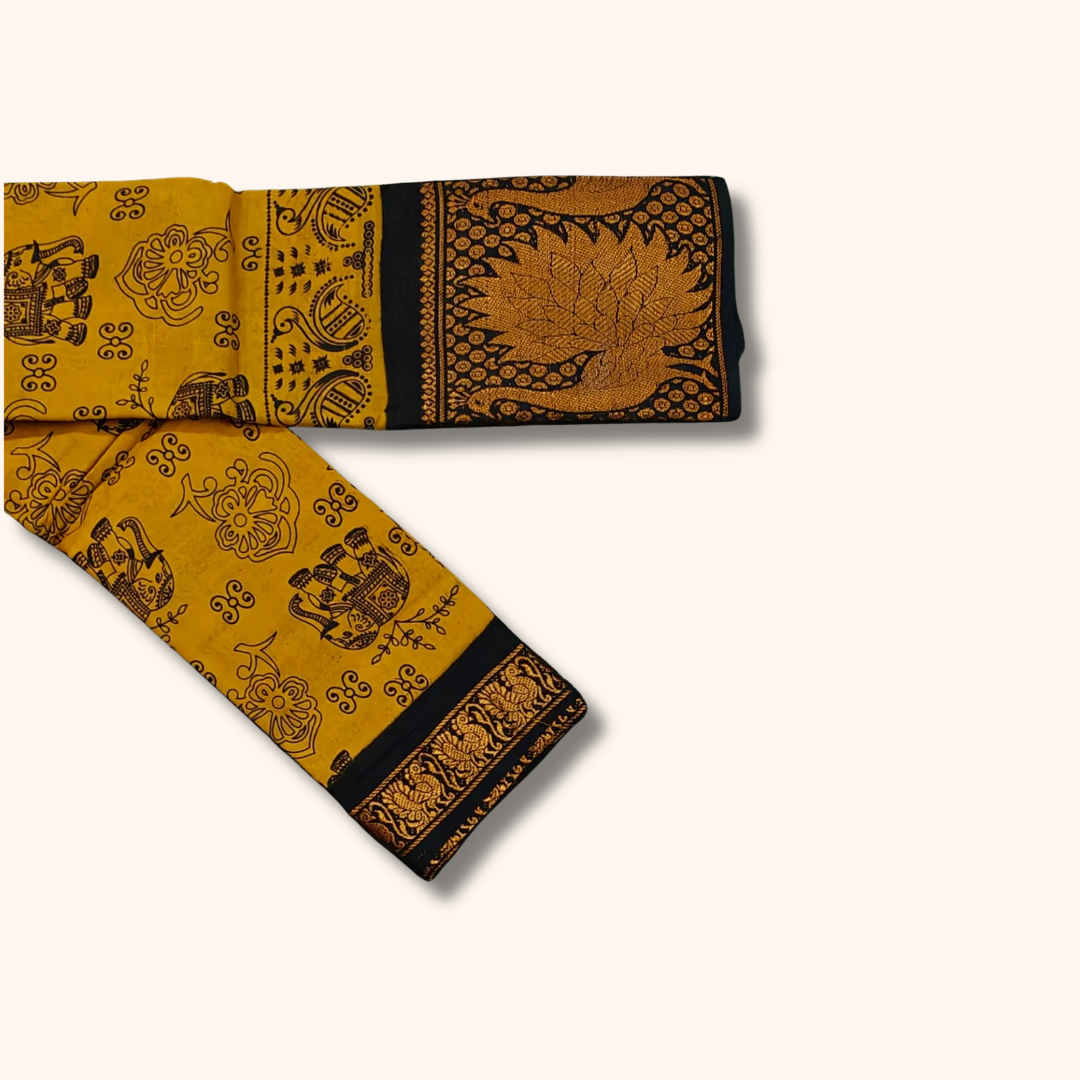 Mustard Yellow Sungudi Cotton Saree with Elephant Print and Black Zari Border