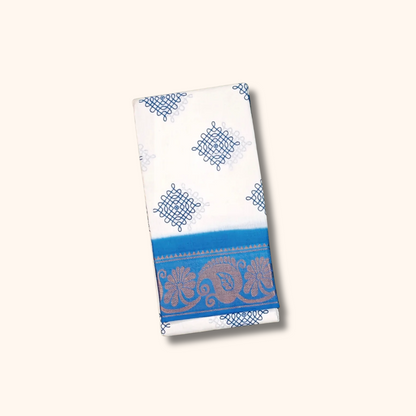 White Kolam Design Sungudi Cotton Saree with Royal Blue Border