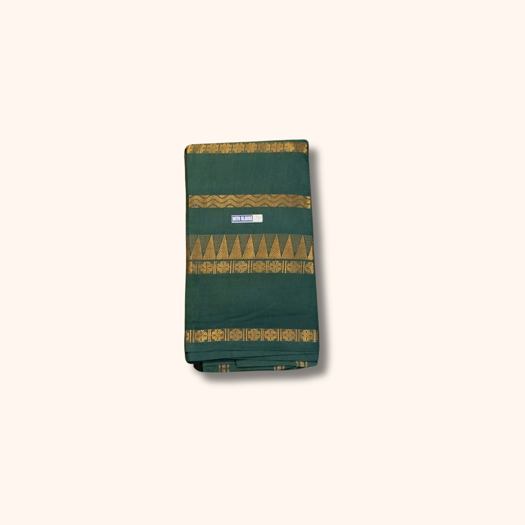 Dark Green Pure Sungudi Cotton Saree with Gold Zari Stripes & Traditional Border