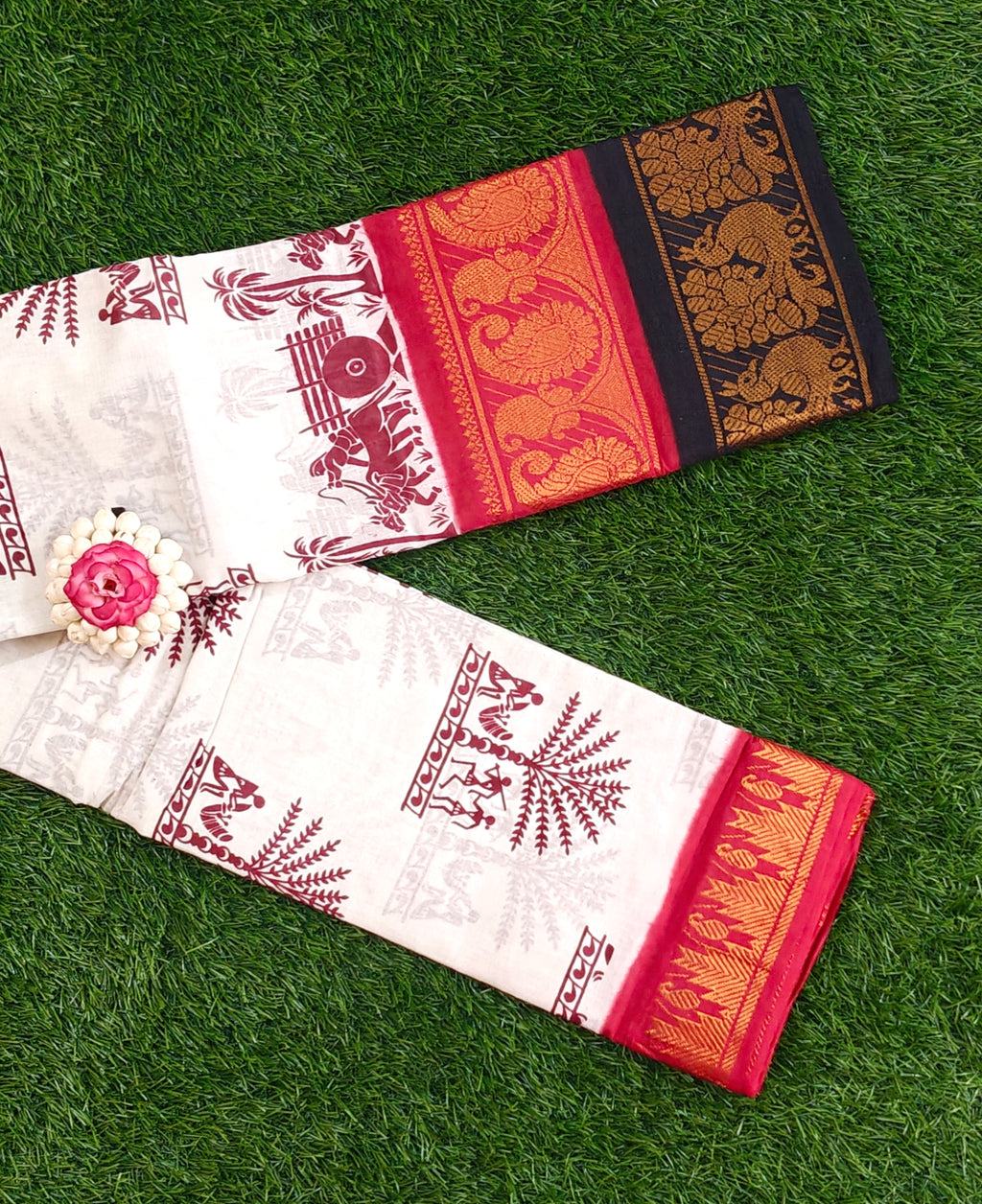 Off-White Sungudi Cotton Saree with Tribal Motifs & Maroon Border