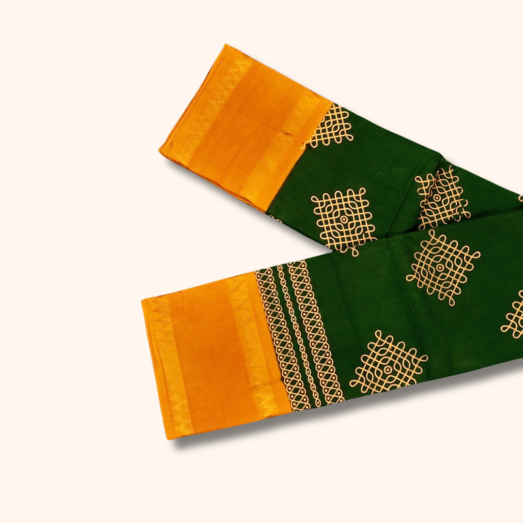 Dark Green & Mustard Yellow Kolam Cotton Saree with Running Blouse
