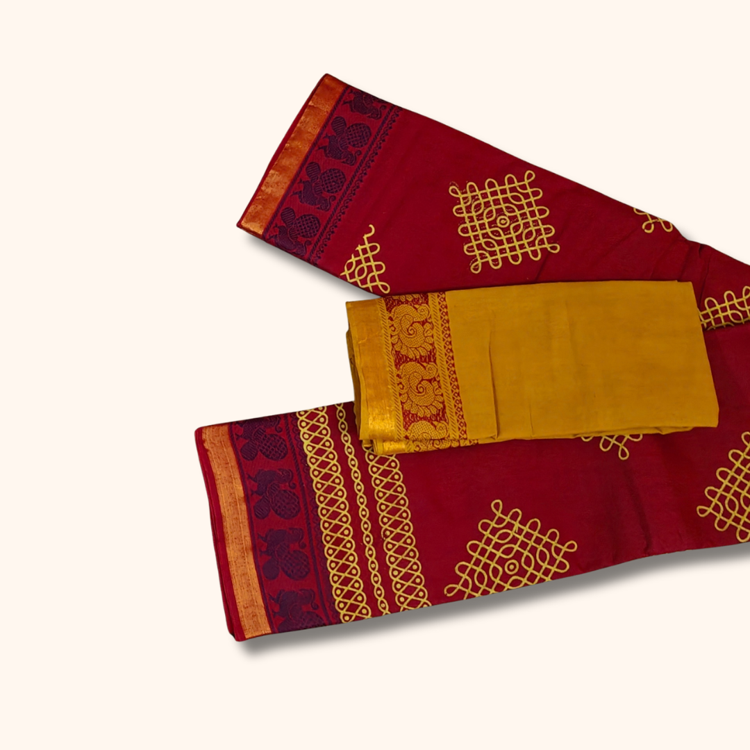 Maroon Kolam Design Cotton Saree with Mustard Yellow Blouse Piece