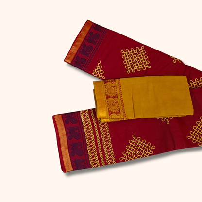 Maroon Kolam Design Cotton Saree with Mustard Yellow Blouse Piece